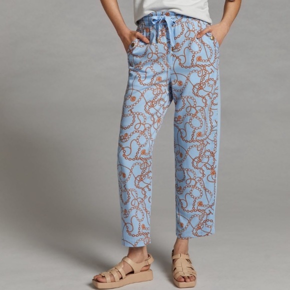 Anthropologie Maeve Kalle Track Pants Drawstring Waist Sky Blue Chain Print - Picture 3 of 13